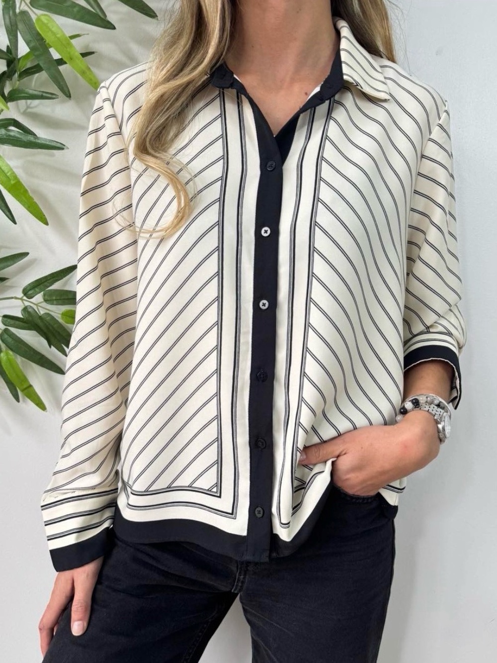 Rachel Zoe Striped Button-Down Blouse, multi-directional stripe pattern, size M